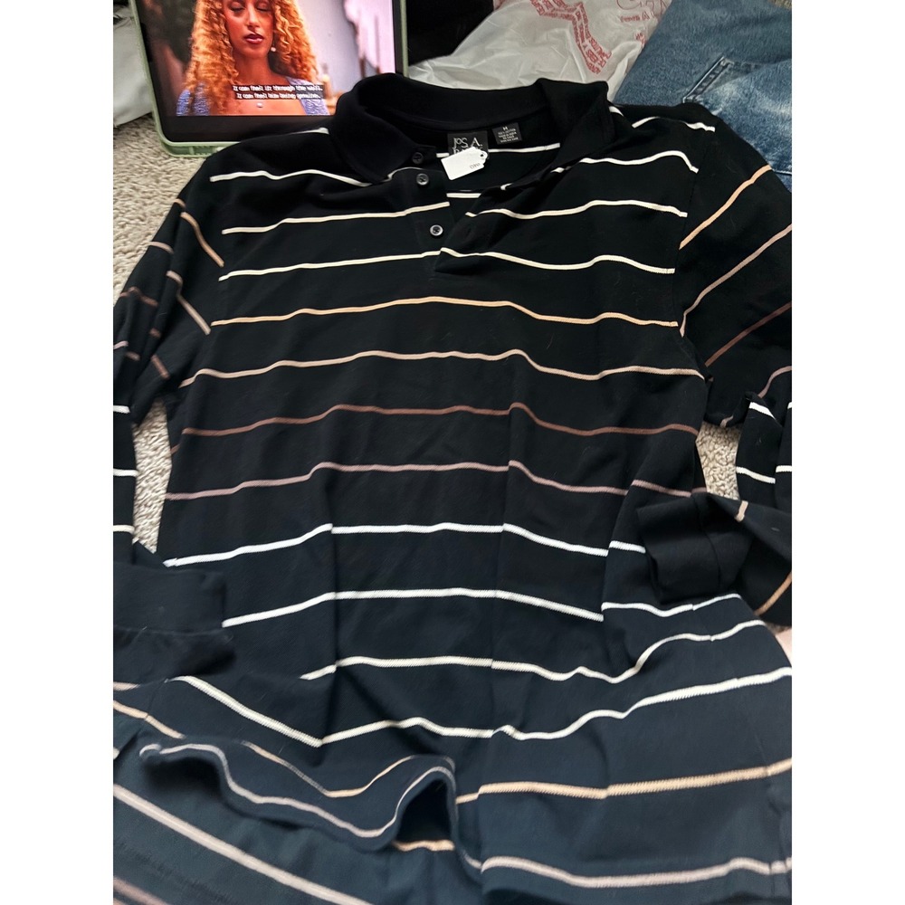 Striped Long Sleeve Polo Shirt Black Cotton Jos A Bank Mens Medium Casual Preppy